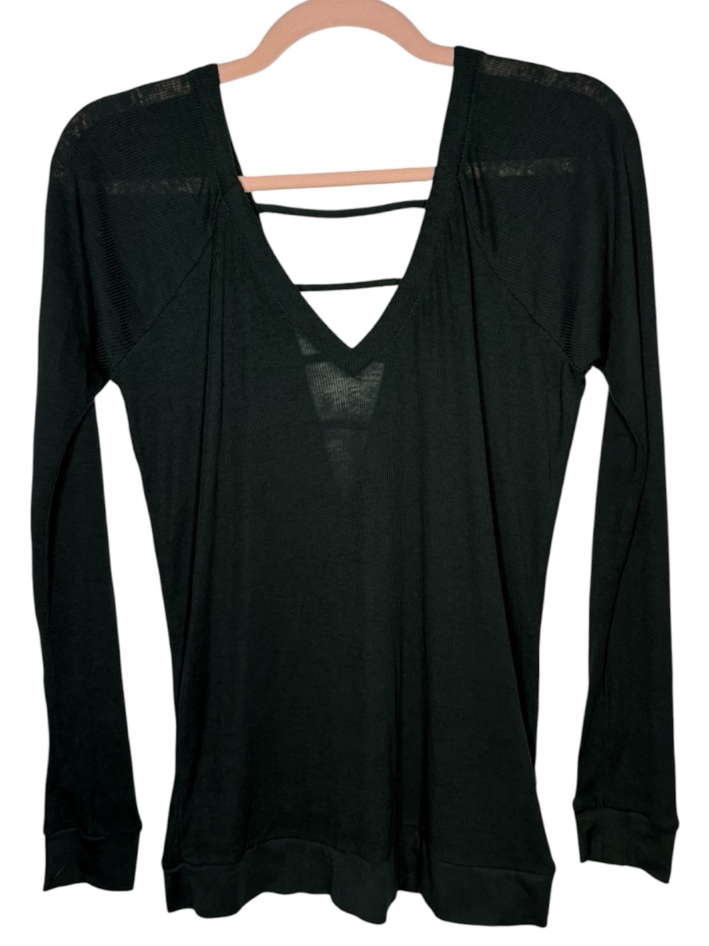 Chaser Women’s Green Long Sleeve V Neck Top Size Large Open Back Lightweight EUC